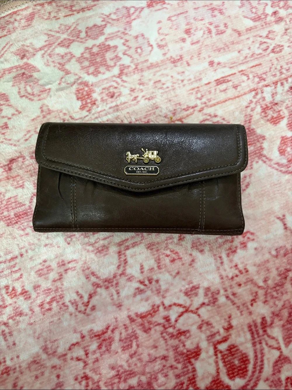 Coach Dark Brown Leather Flap Wallet with Gold Logo